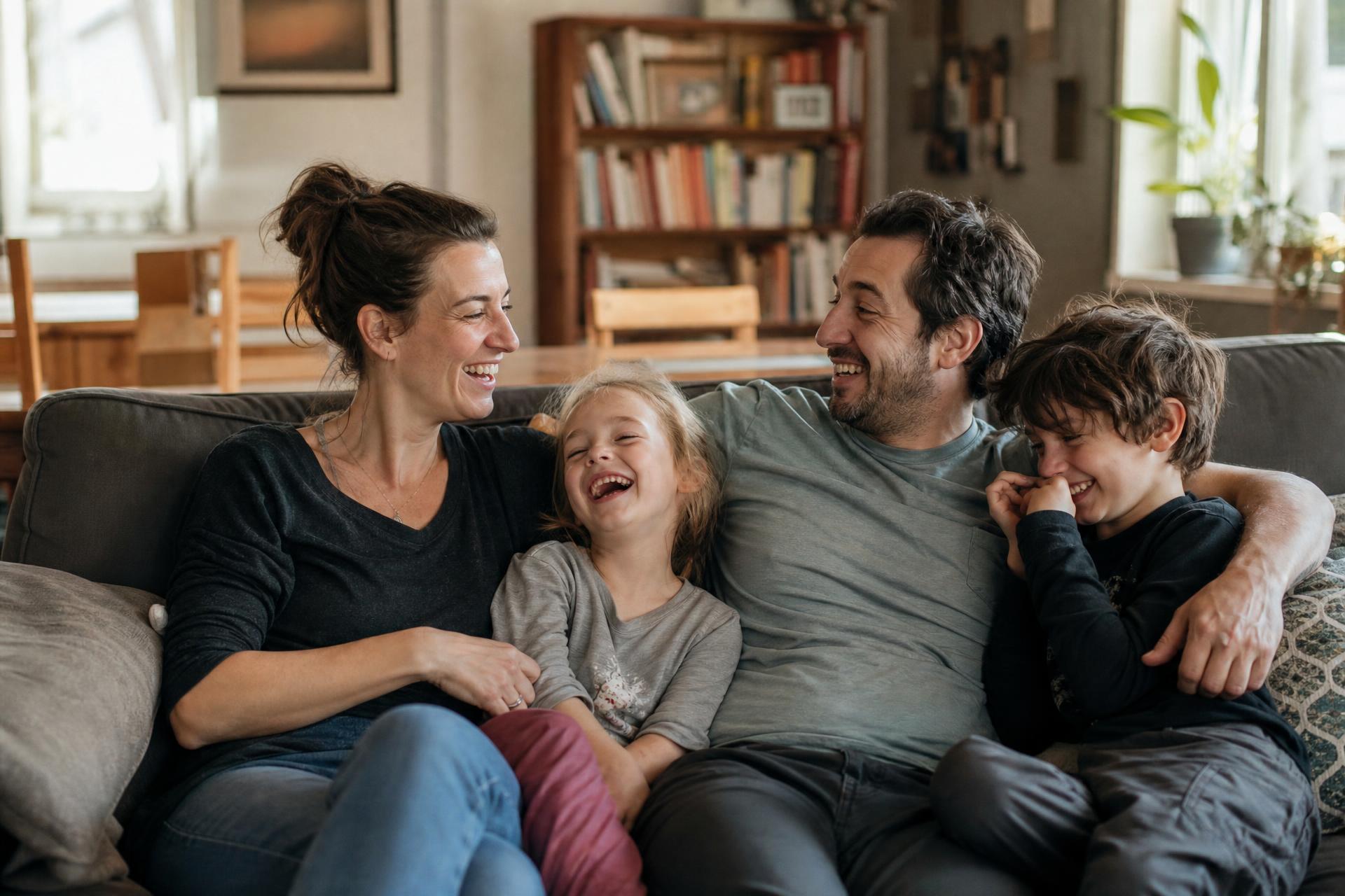 Famille heureuse à la maison protégée par GLS Sécurité