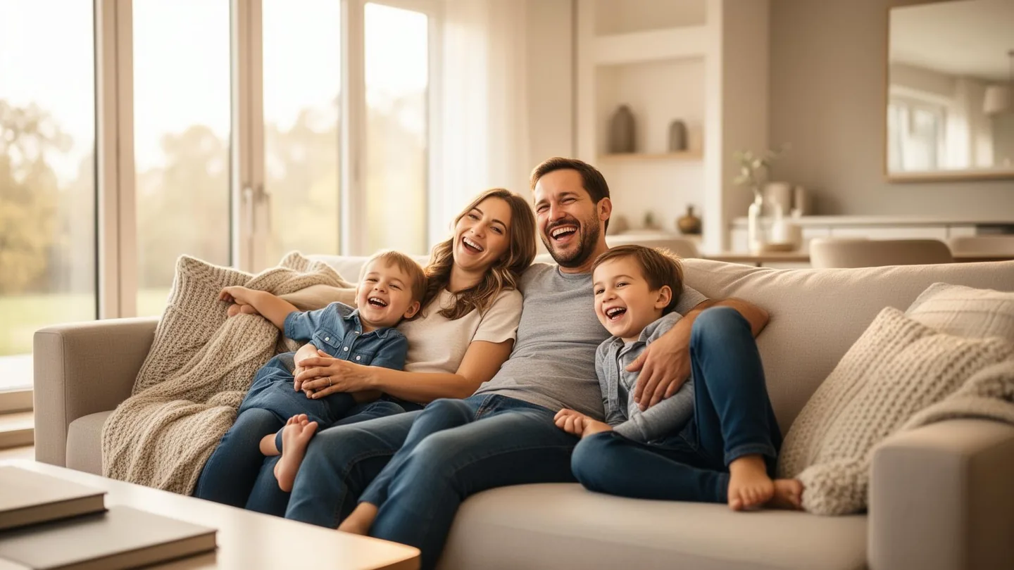 Famille heureuse à la maison protégée par GLS Sécurité